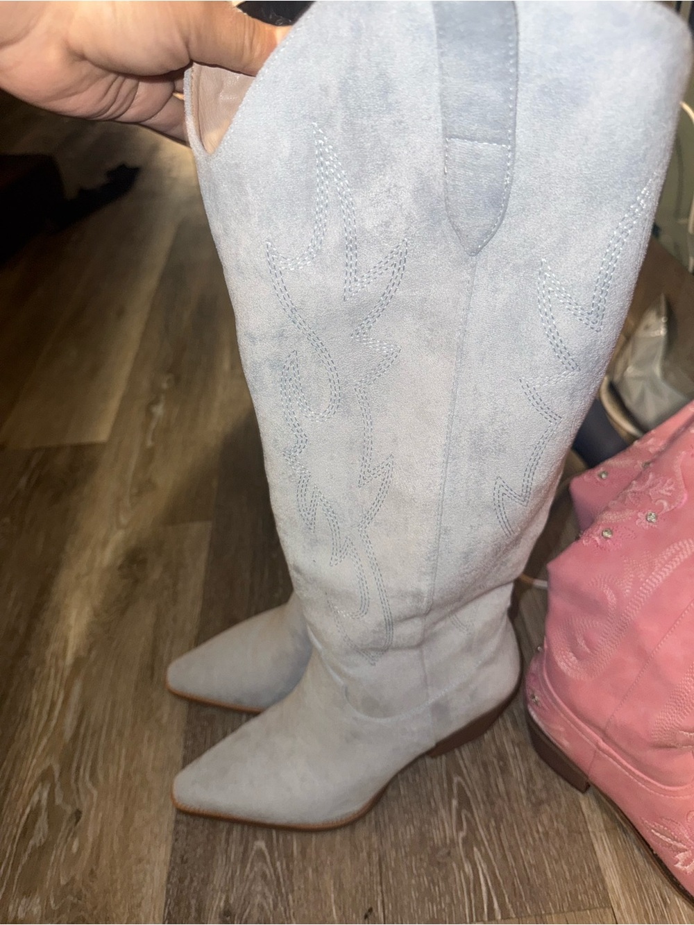 Women’s Suede Knee-High Cowboy Boots - Light Blue